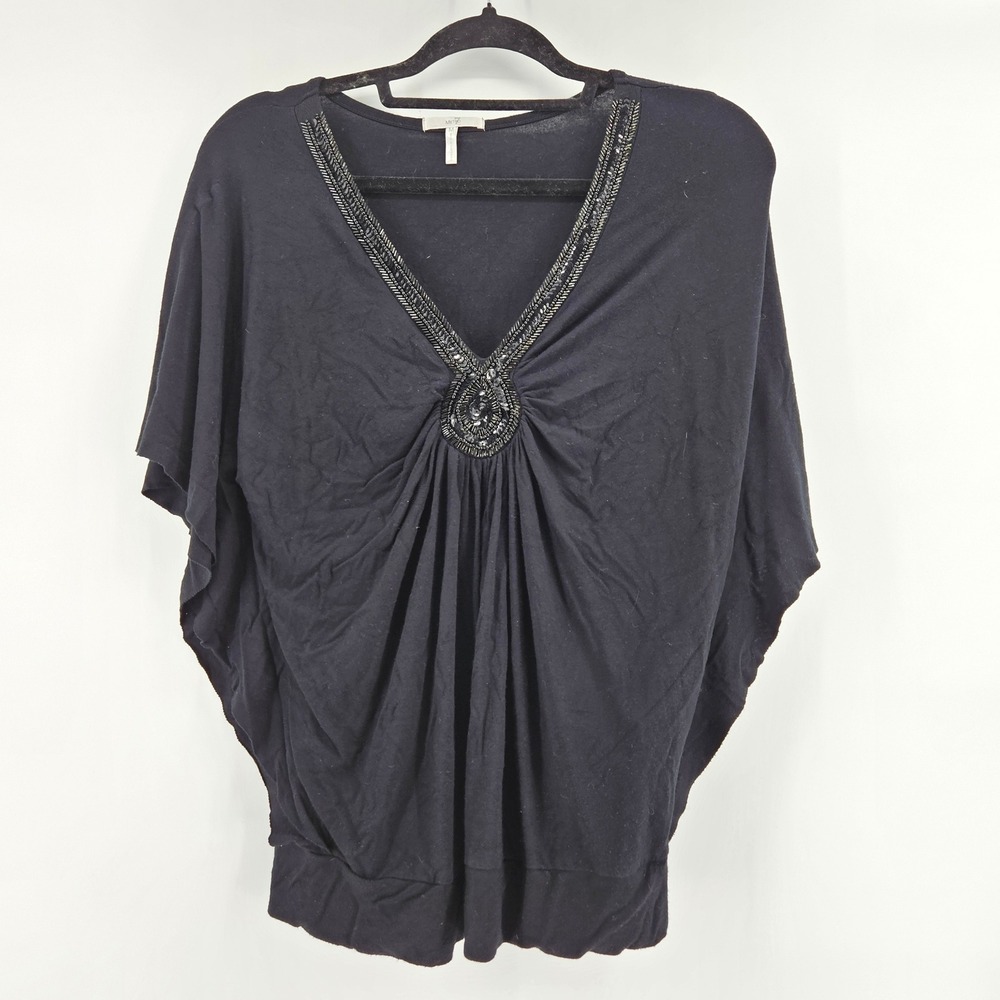 Boho Black‎ Beaded V Neck Dolman Sleeve Tunic Top Size M Whimsyigoth Holiday